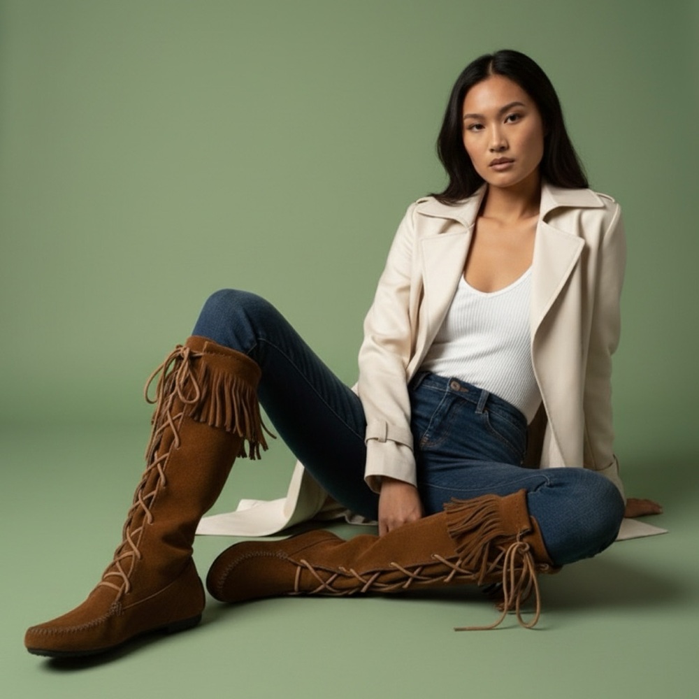 MINNETONKA Fringe Leather Tan Brown Knee-High Boots 8 Pristine!